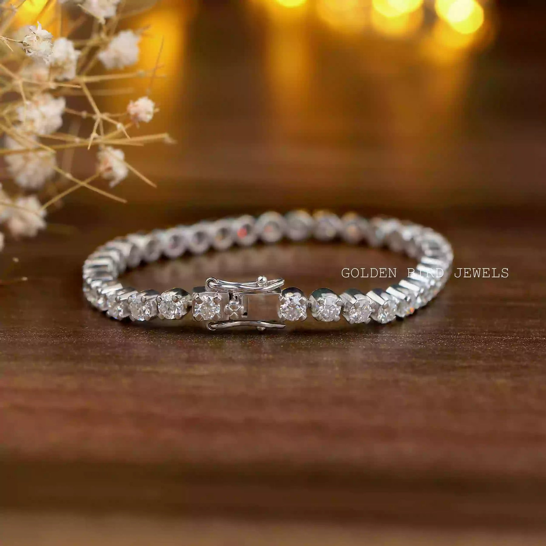 [Round cut moissanite bracelet made of 14k white gold]-[Golden Bird Jewels]