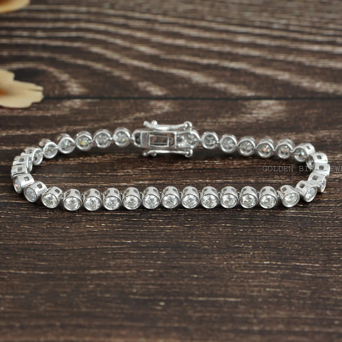 [Front view of round cut moissanite tennis bracelet made of white gold]-[Golden Bird Jewels]
