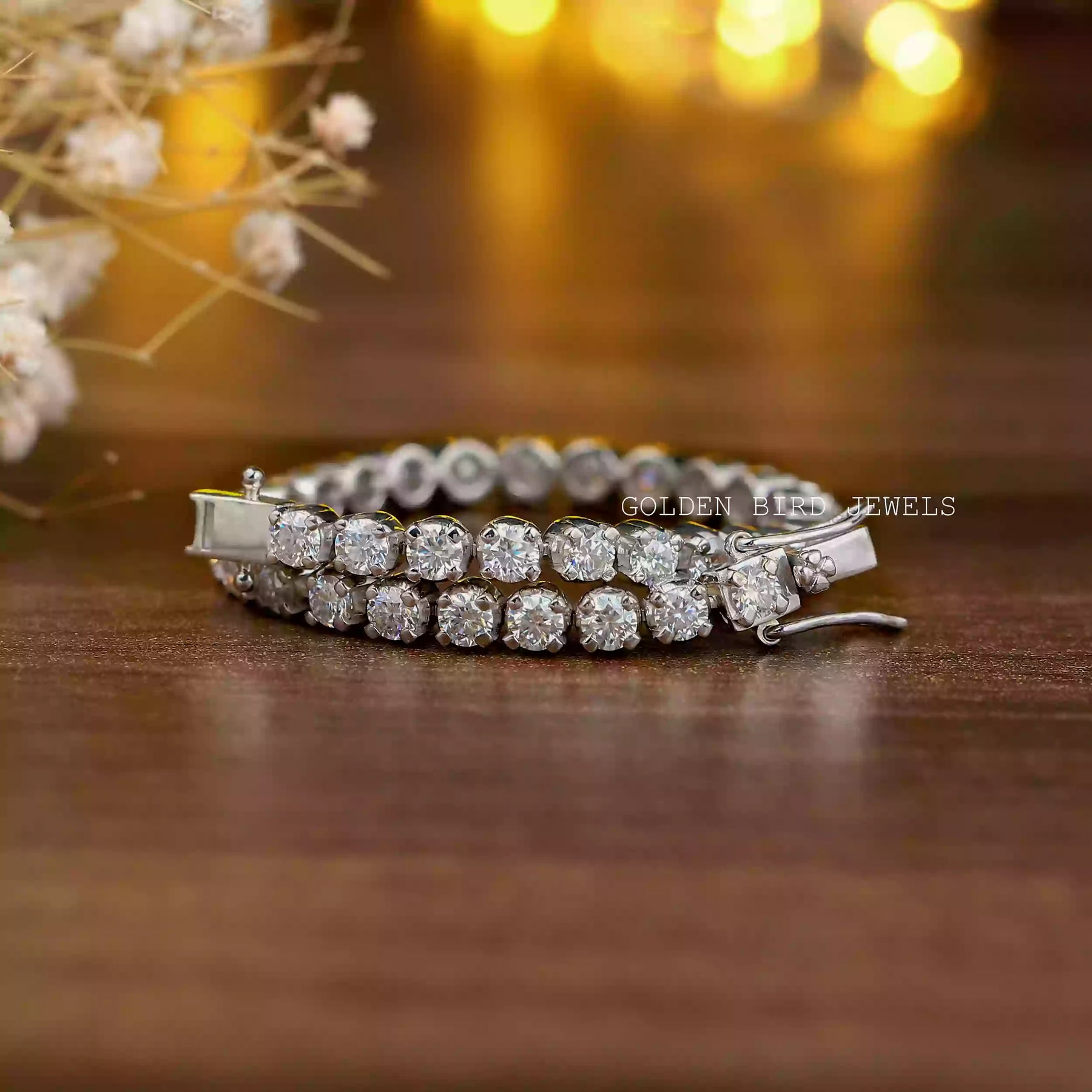[This round cut moissanite bracelet made 14k white gold]-[Golden Bird Jewels]