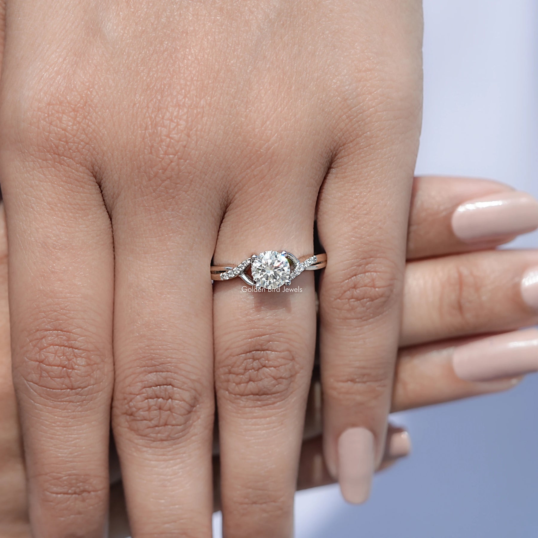 Round Moissanite Criss Cross Accent Engagement Ring