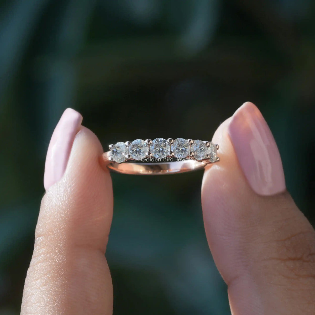 [Front view of round cut moissanite diamond eternity wedding band]-[Golden Bird Jewels]