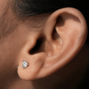 [In ear front view of round cut moissanite solitaire stud earrings]-[Golden Bird Jewels]