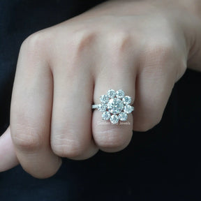 Round Cut Moissanite Floral Halo Engagement Ring