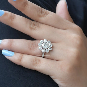 Round Cut Moissanite Floral Halo Engagement Ring