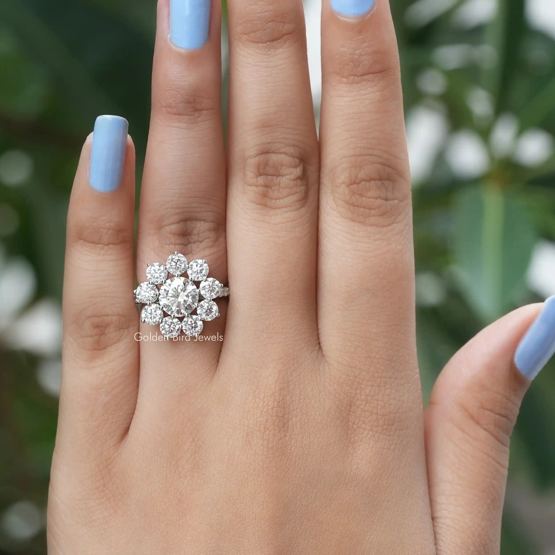 Round Cut Moissanite Floral Halo Engagement Ring