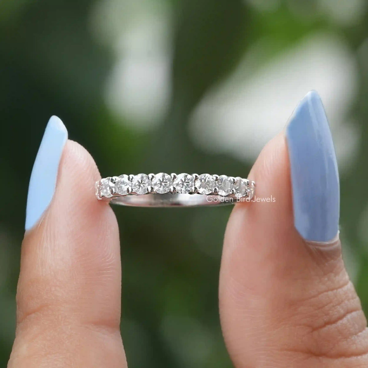 [In Finger a Moissanite Half Eternity Band White Gold]-[Golden Bird Jewels]