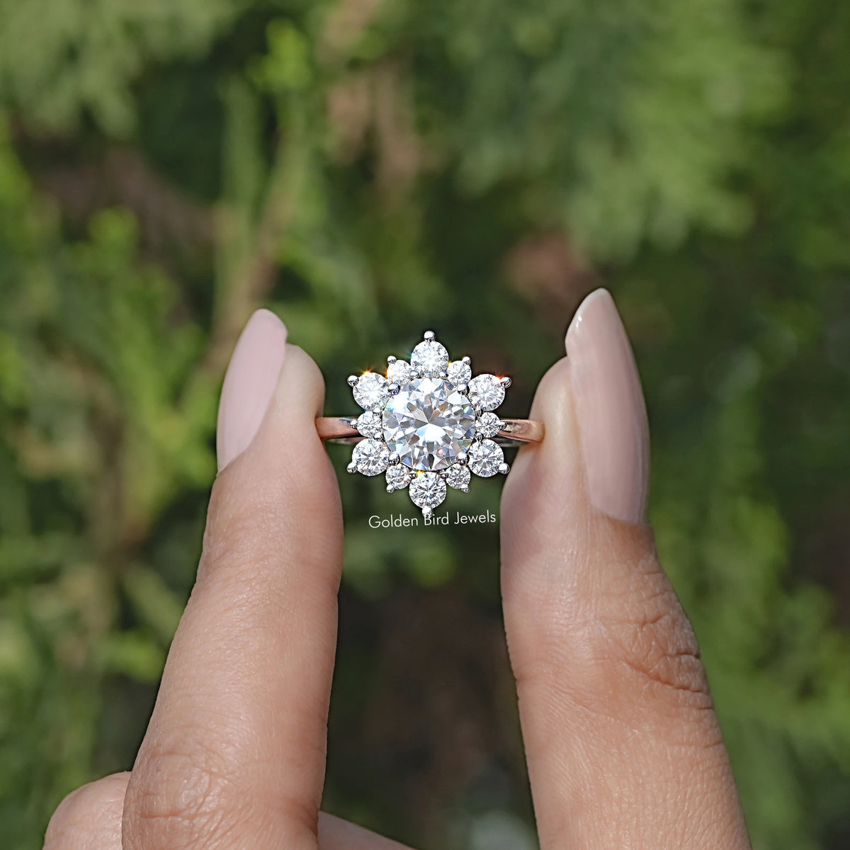 Front view of Round Cut Moissanite Halo Engagement Ring