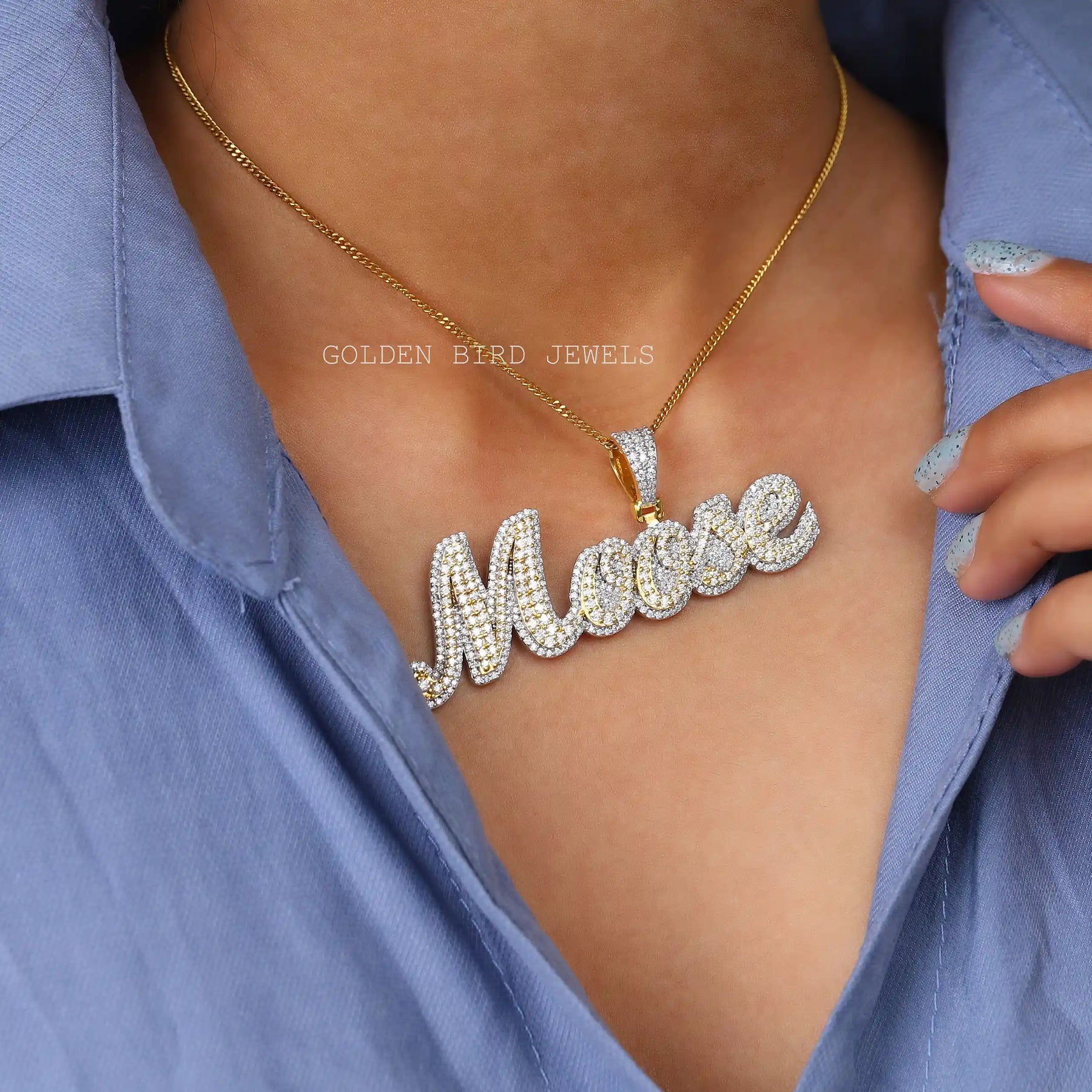 [In neck front view of round cut customized letter pendant]-[Golden Bird Jewels]