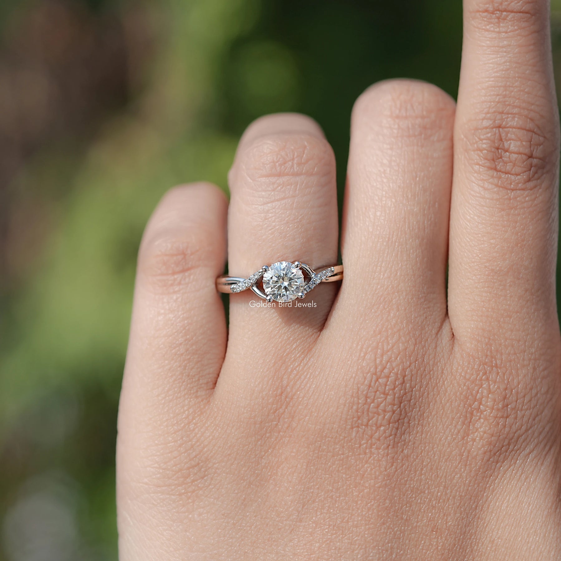 Round Moissanite Criss Cross Accent Engagement Ring