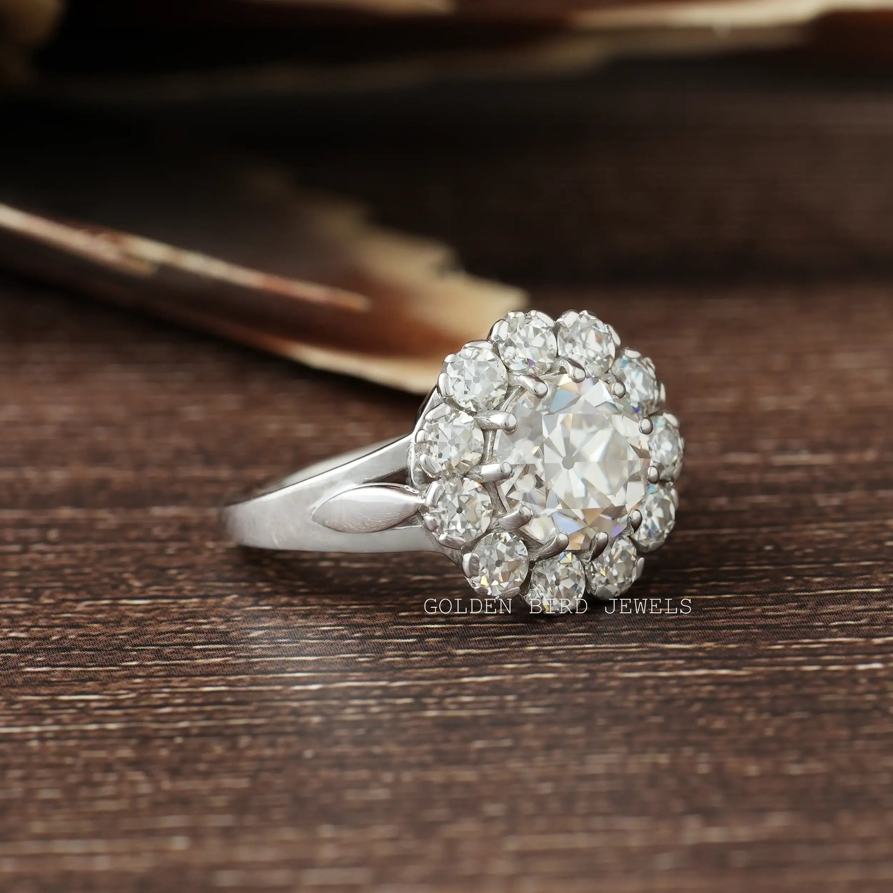[Side view of round cut halo engagement ring made of 14k white gold]-[Golden Bird Jewels]