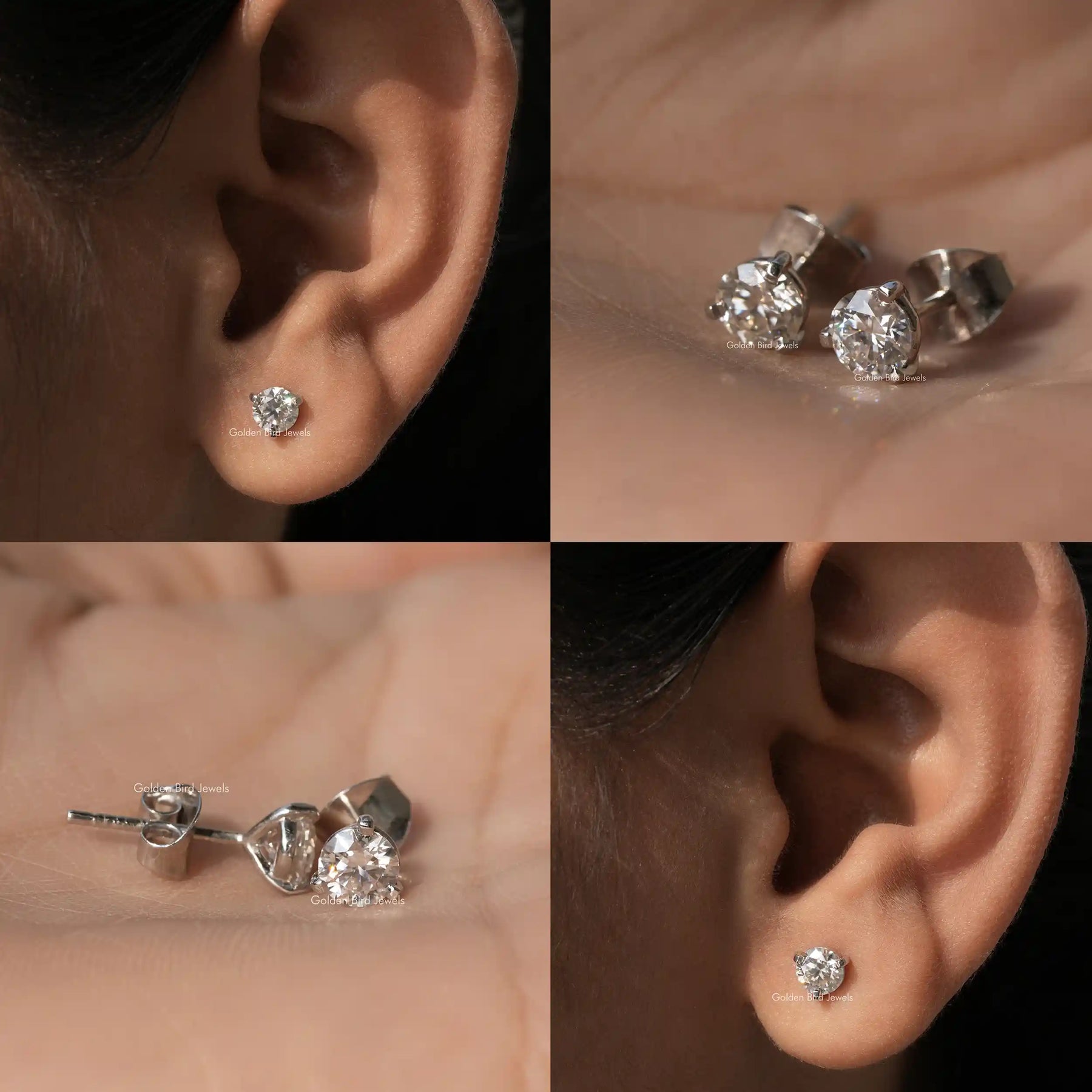 [Collage of round cut moissanite martini solitaire stud earrings]-[Golden Bird Jewels]
