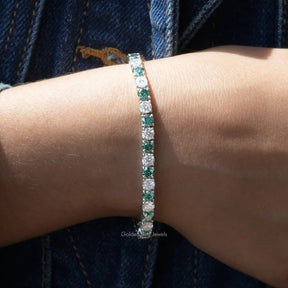 [Round cut moissanite tennis bracelet set in green and colorless round cut stones]-[Golden Bird  Jewels]