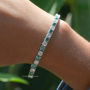 [Moissanite round cut tennis bracelet made of green and colorless round cut stones]-[Golden Bird  Jewels]
