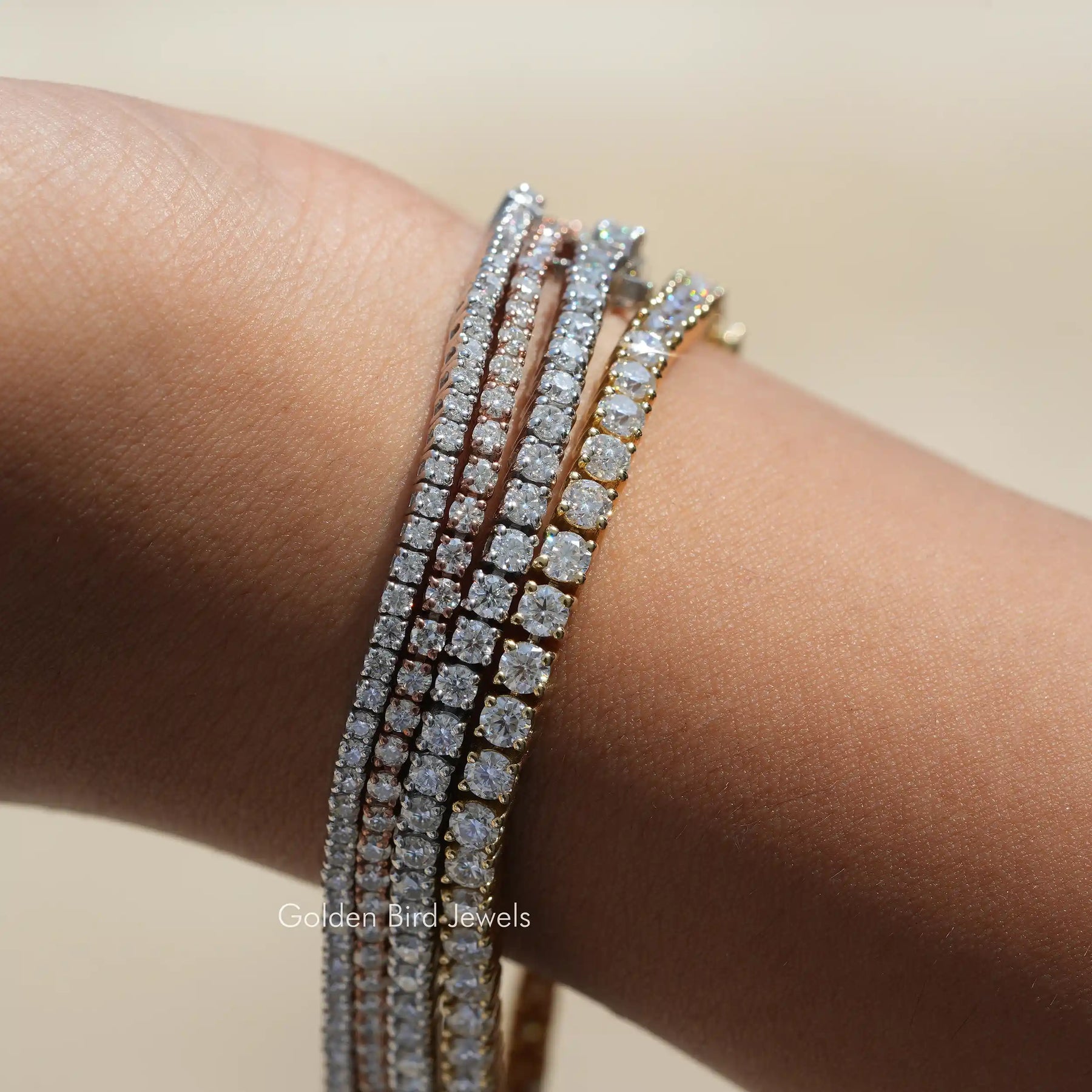[This moissanite round cut wedding tennis bracelet available in yellow, white & rose gold]-[Golden Bird Jewels]
