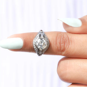 In finger front View of Round Cut Moissanite Vintage Ring In White Gold