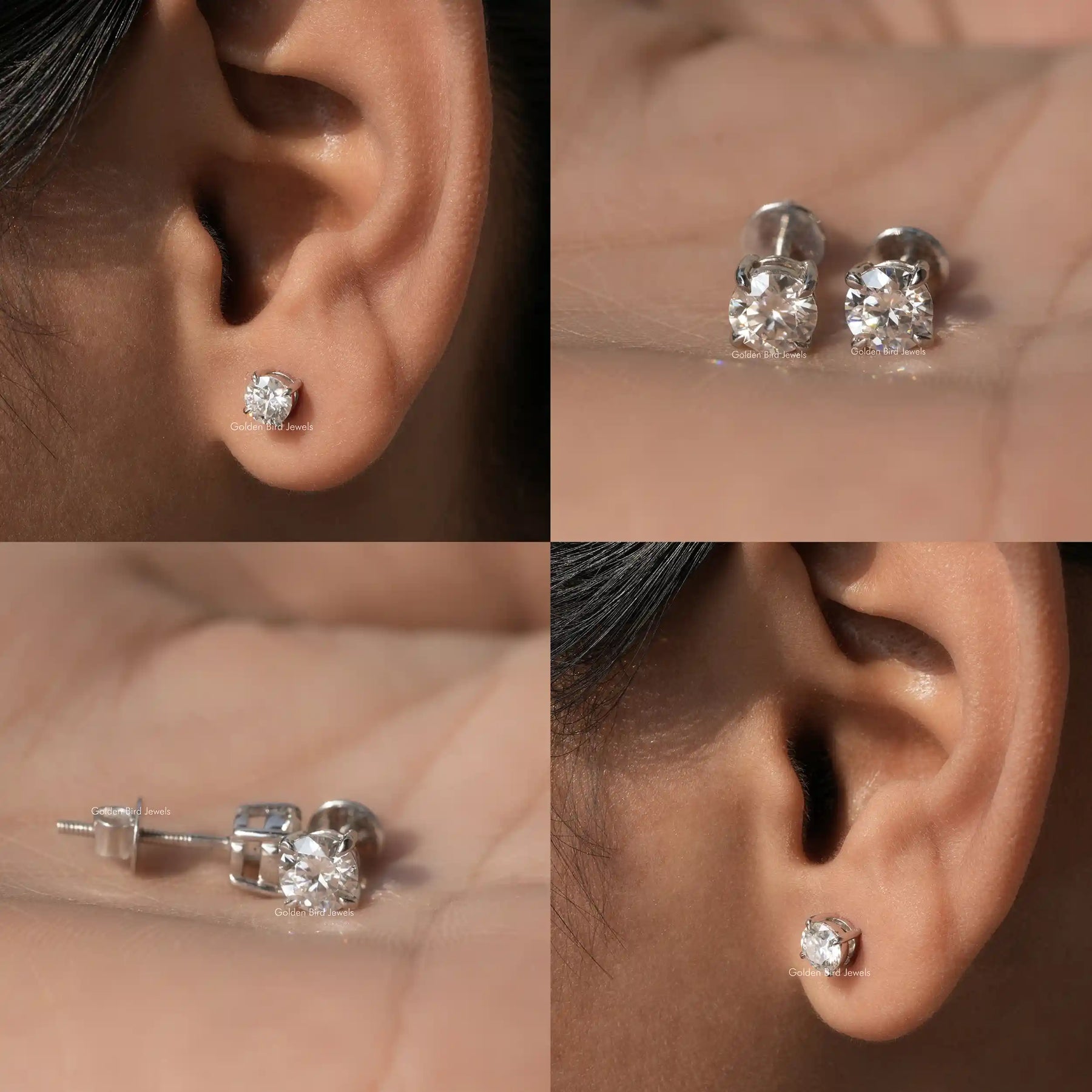 [Collage of round cut stud earrings]-[Golden Bird Jewels]