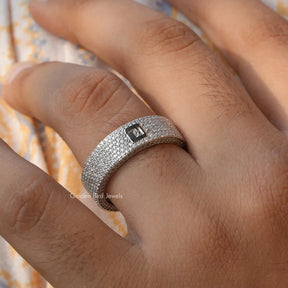 [In finger front view of round cut eternity band]-[Golden Bird Jewels]