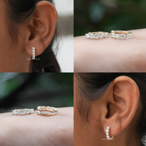 [Collage of round cut moissanite hoops earrings]-[Golden Bird Jewels]