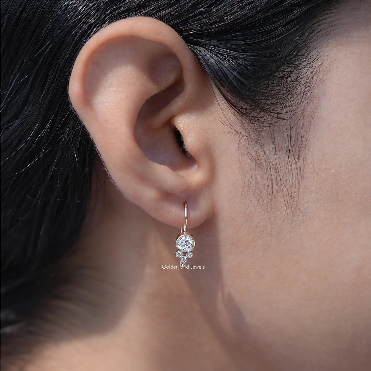 Round Lab Diamond Bezel Set Wire Hook Earrings