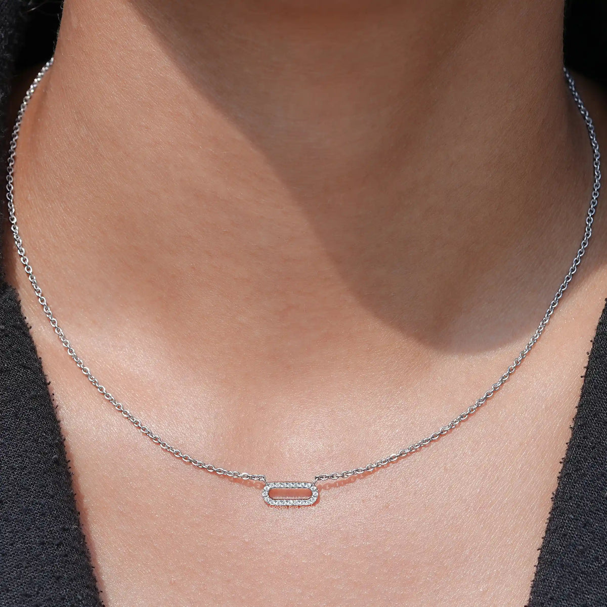 View Of Round Cut Lab Grown Paperclip Diamond Pendant In white Gold