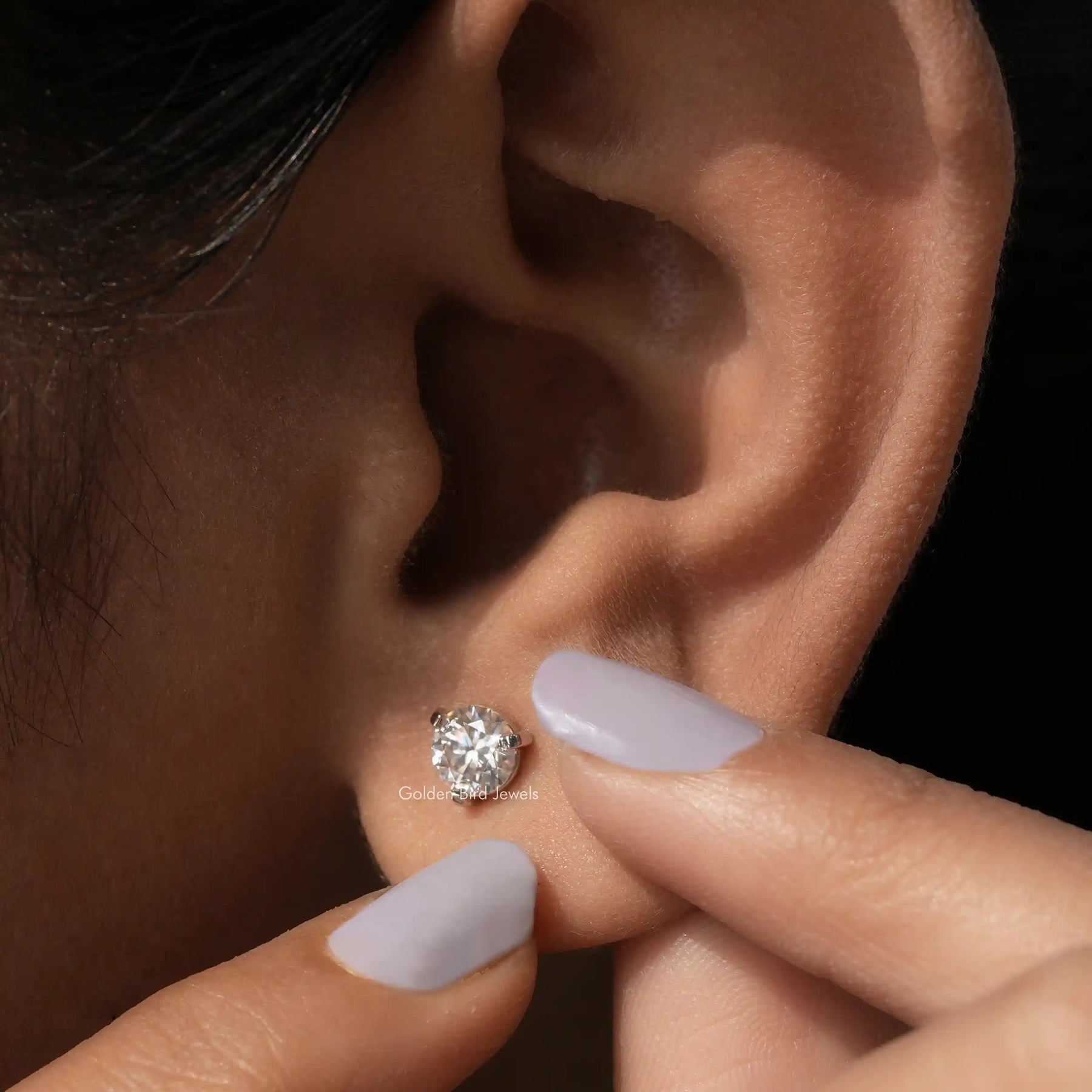 [In ear front view of martini setting earrings]-[Golden Bird Jewels]