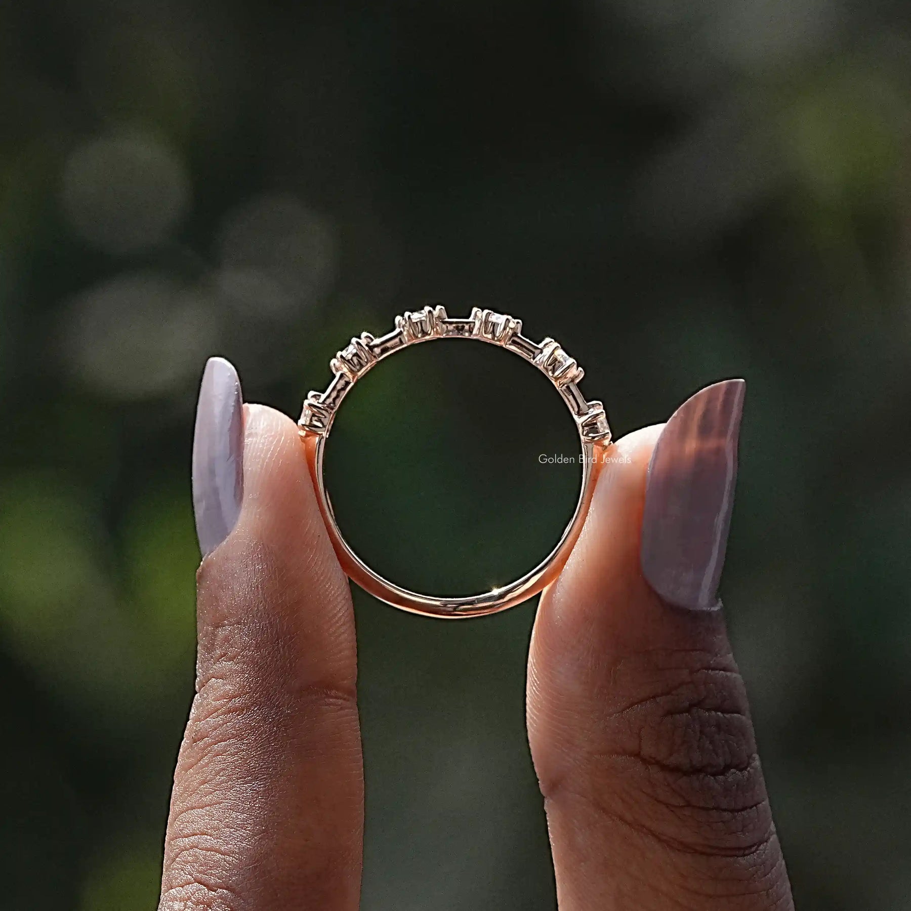 [Round Moissanite Distance Dainty Wedding Band]-[Golden Bird Jewels]
