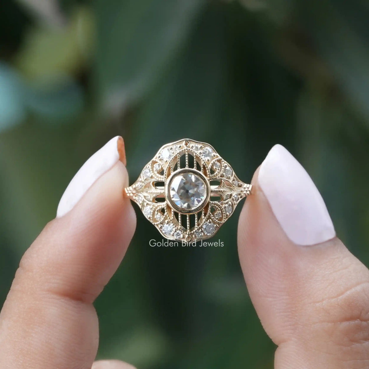 Front View of Round Cut Moissanite Vintage Engagement Ring In two Fingers