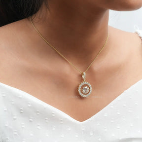 [This round cut moissanite pendant crafted with 14k yellow gold]-[Golden Bird Jewels]