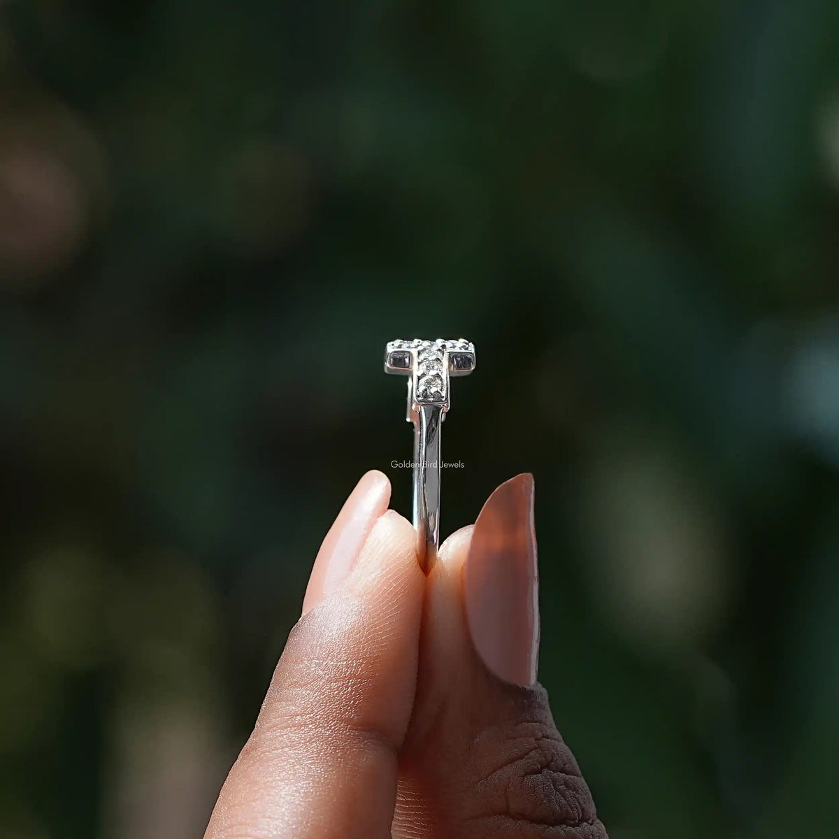 [Moissanite Round Cut T Bar Open Cuff Wedding Band]-[Golden Bird Jewels]