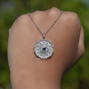 Round Sapphire Gemstone Evil Eye Halo Pendant