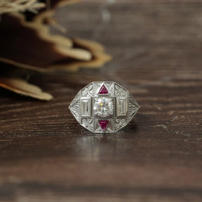 [0.80 Carat Round & Baguette Cut Moissanite Art Deco Ring]-[Golden Bird Jewels]