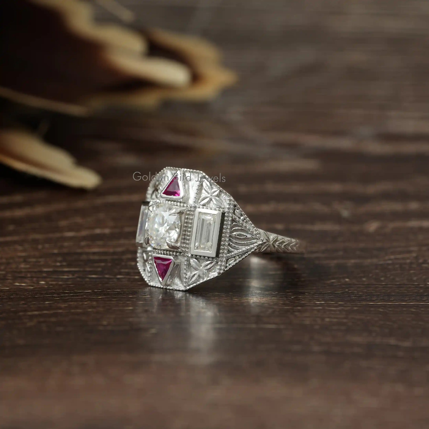 [Round & Baguette Moissanite Art Deco Style Ring]-[Golden Bird Jewels]