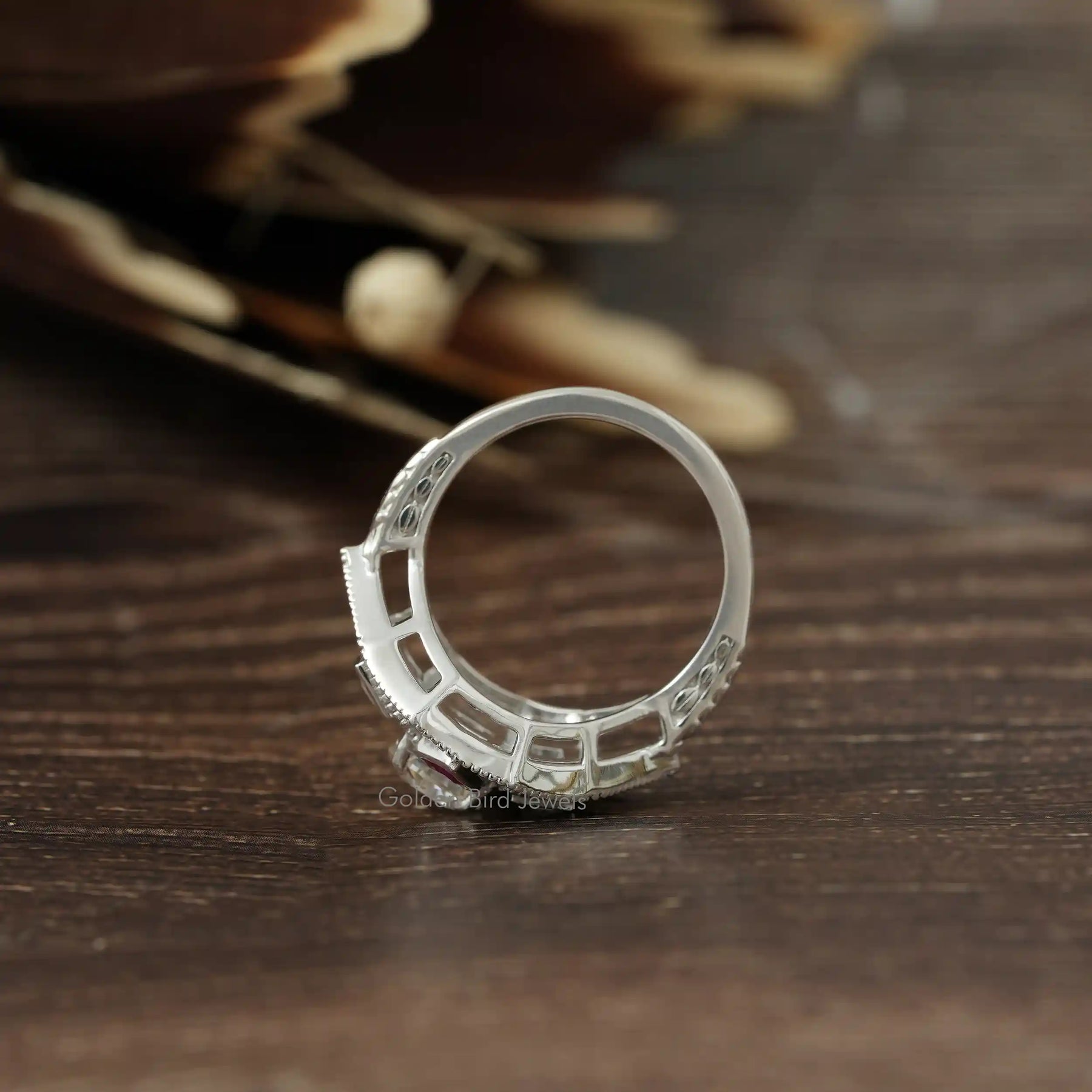 [ Moissanite Art Deco Round & Baguette Engagement Ring]-[Golden Bird Jewels]
