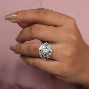 [Moisanite Round & Baguette  Moissanite Art Deco Ring Set In Trillion Pink Ruby Stone]-[Golden Bird Jewels]