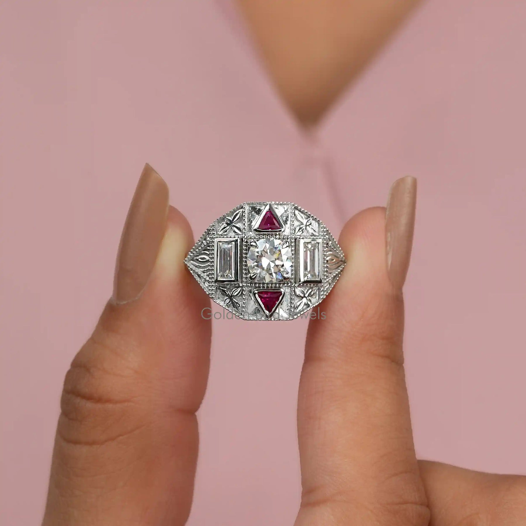 [Trillion Cut Pink Ruby art Deco Moissanite Ring]-[Golden Bird Jewels]
