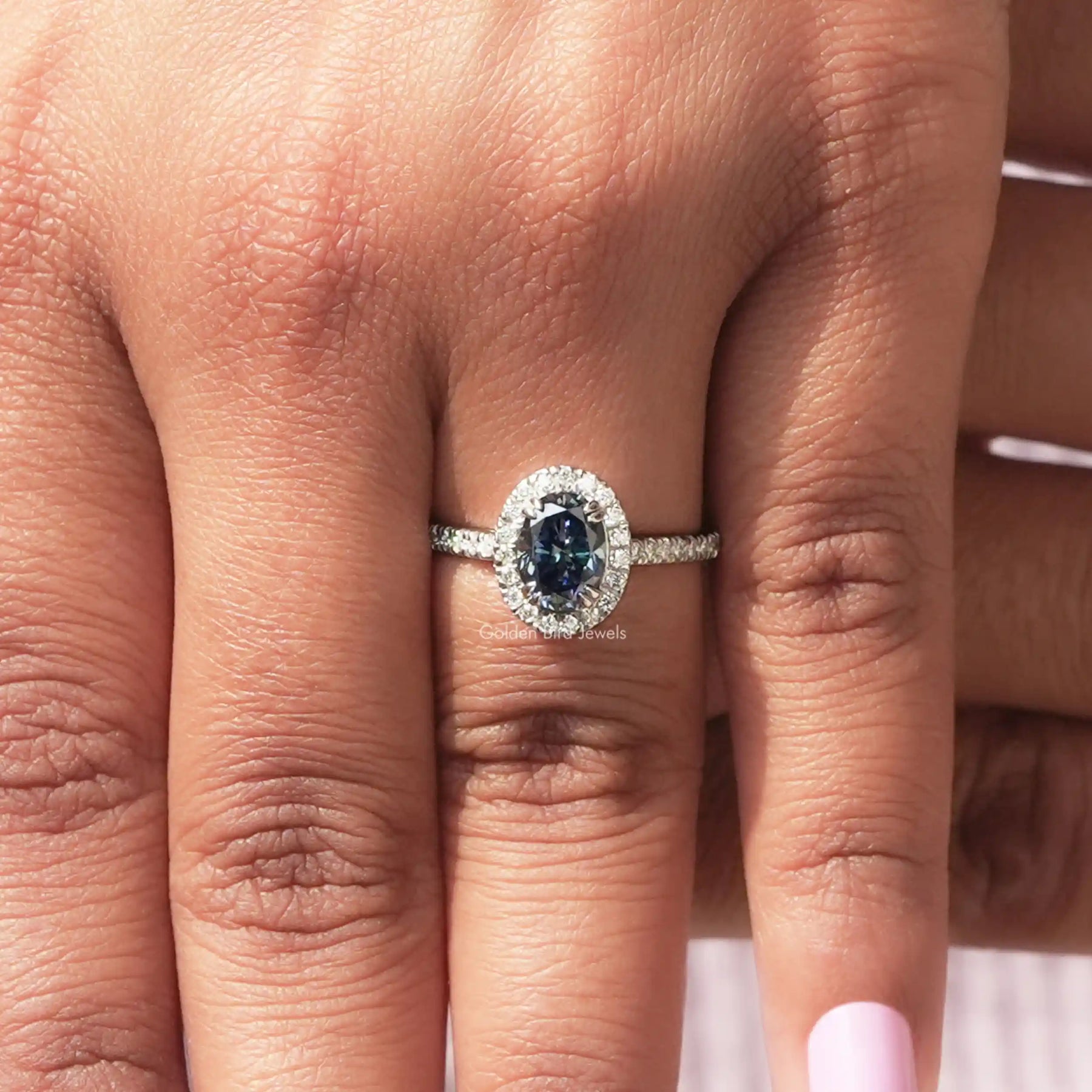 Sapphire Blue Oval Cut Halo Engagement Ring
