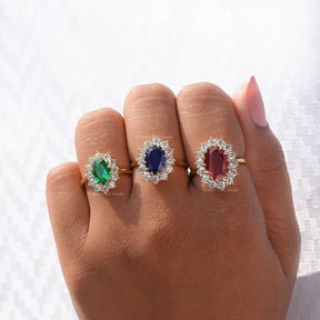 Blue Sapphire Oval Cut Gemstone Halo Ring In Yellow Gold
