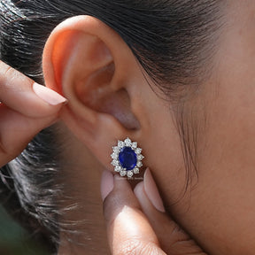 [Sapphire Blue Oval Cut Halo Stud Earrings]-[Golden Bird Jewels]