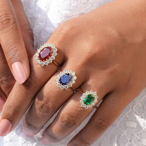 Detailed View Of Oval And Round Cut Gemstone Ring In White Gold