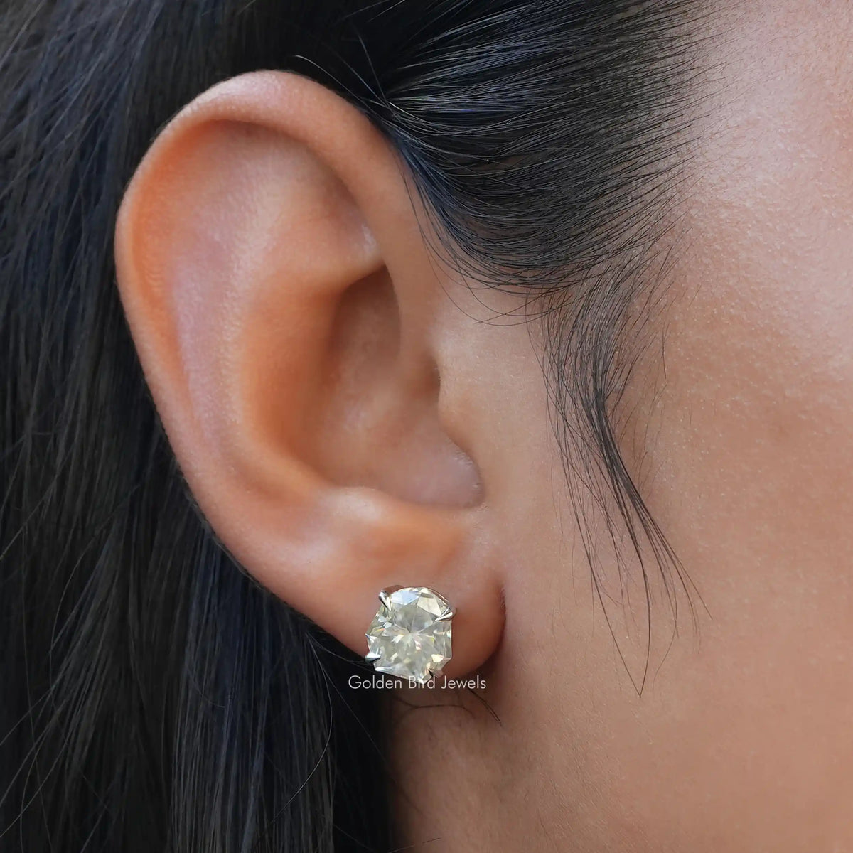 In Ear View Of moissanite Stud Earrings in four prongs setting 