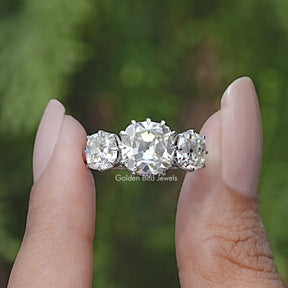 Old Mine Cushion Three Stone Moissanite Ring