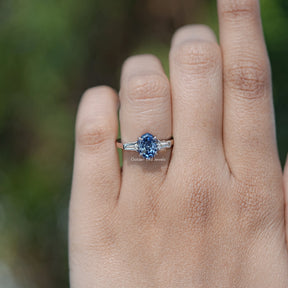 Blue Step Cut Oval Moissanite Three Stone Ring