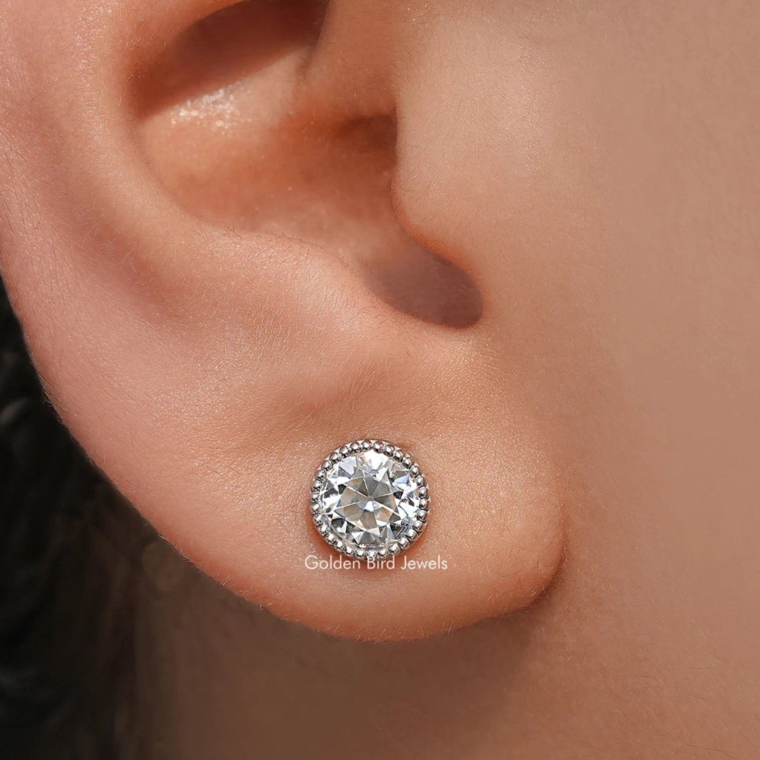 Front view of Milgrain Old European Round Moissanite Stud Earrings 