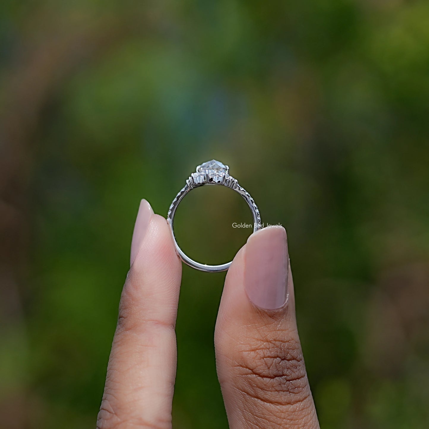 Back view of Rose Cut Moissanite ring in secure setting 

