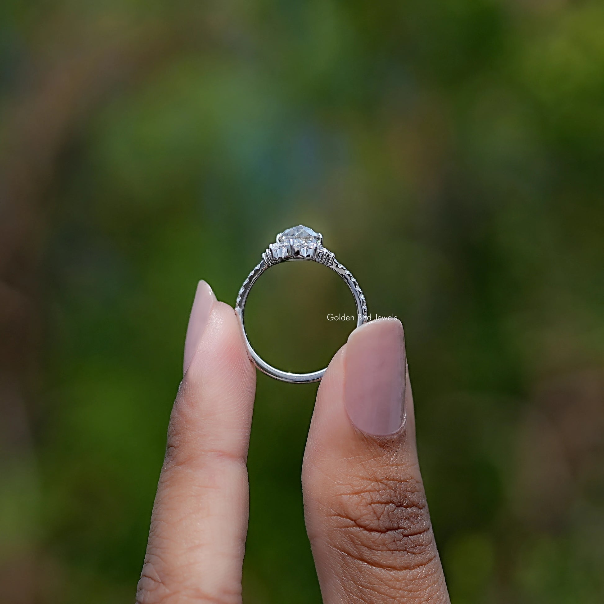 Back view of Rose Cut Moissanite ring in secure setting 
