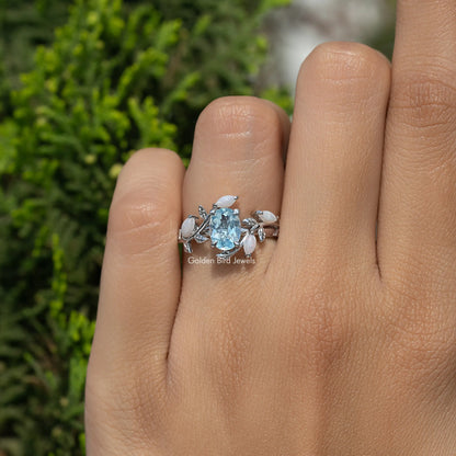 Aquamarine Oval Gemstone Leaf Style Ring