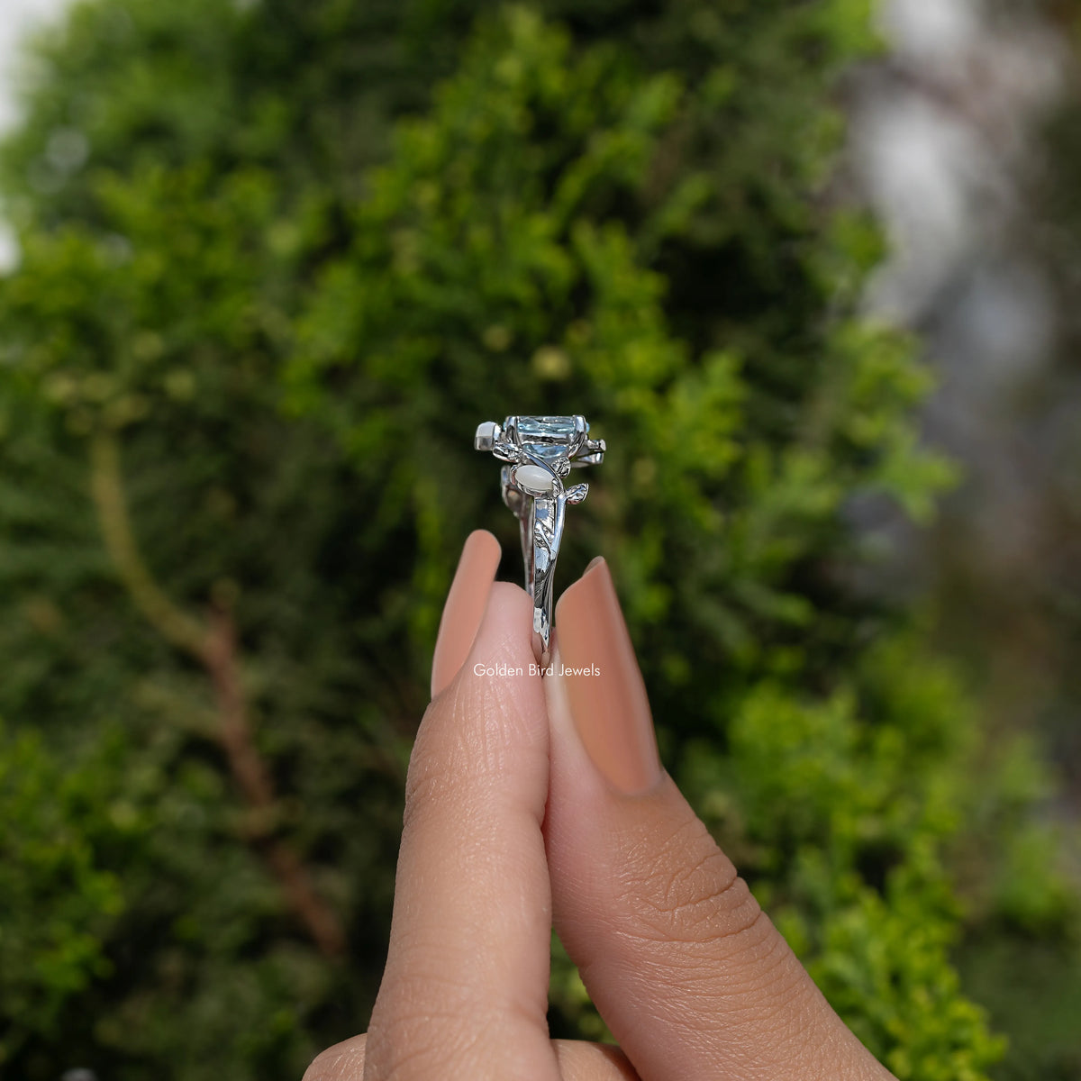 Aquamarine Oval Gemstone Leaf Style Ring
