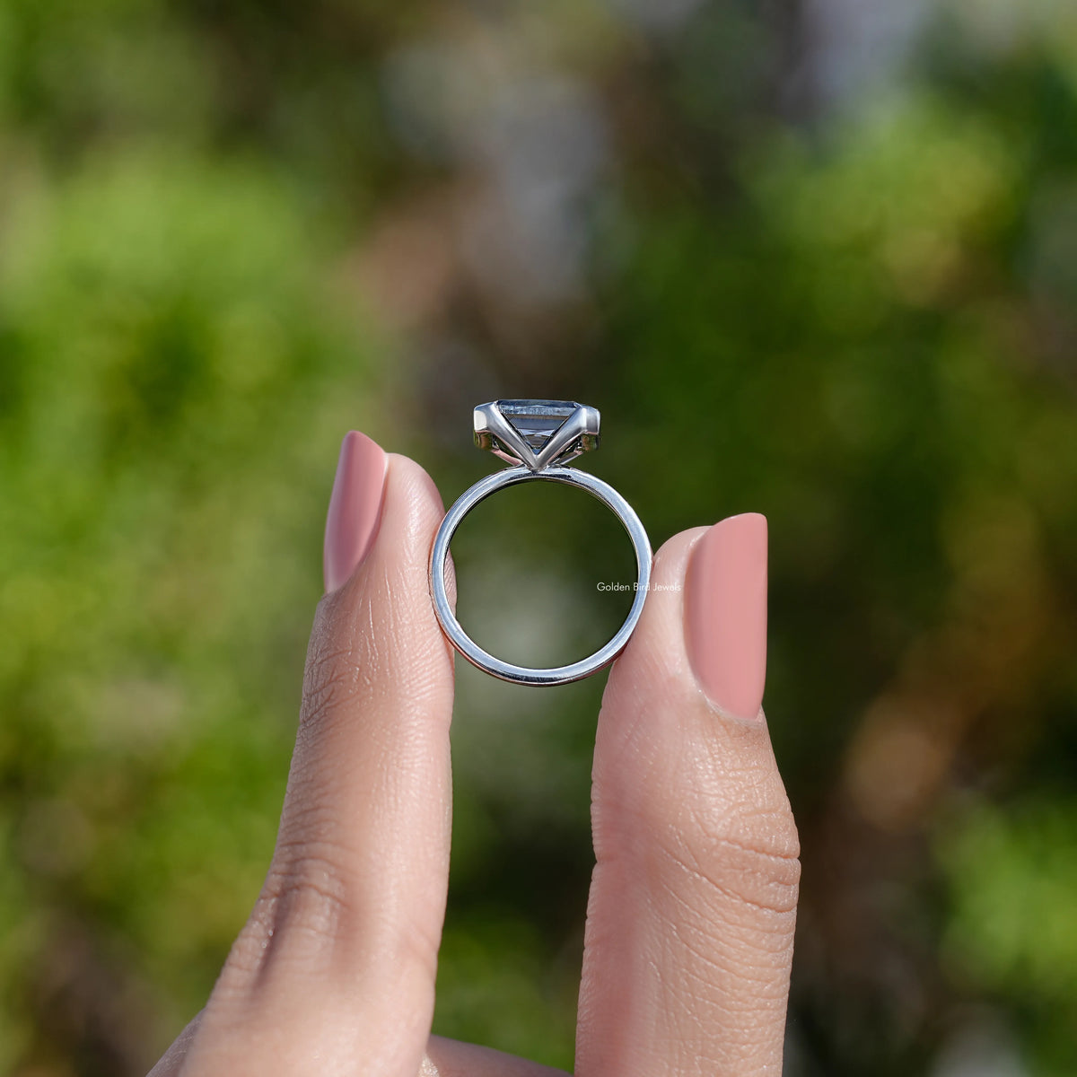 Radiant Moissanite Half Bezel Set East West Solitaire Ring