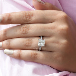 Close-Up View of Princess Cut Accent Stone Moissanite Ring In White Gold