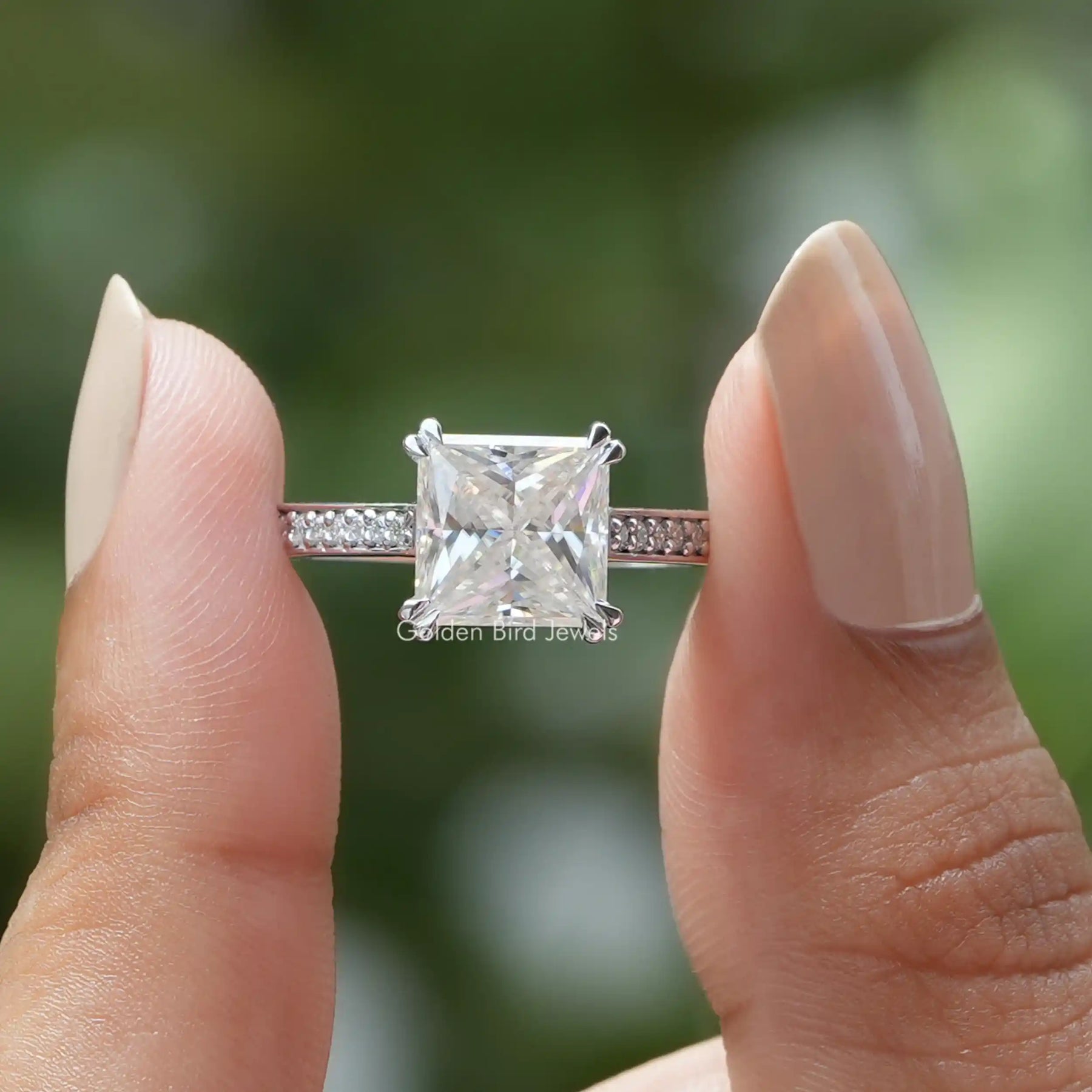 1 Carat Princess Cut Moissanite Engagement Ring - Bridal Set - Double Halo  Ring - Cluster Ring - 18k White Gold Over Silver 